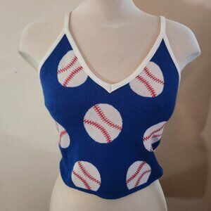 Debut Baseball Print Knit Crop Tank Top Women's ML Blue White Red Strappy